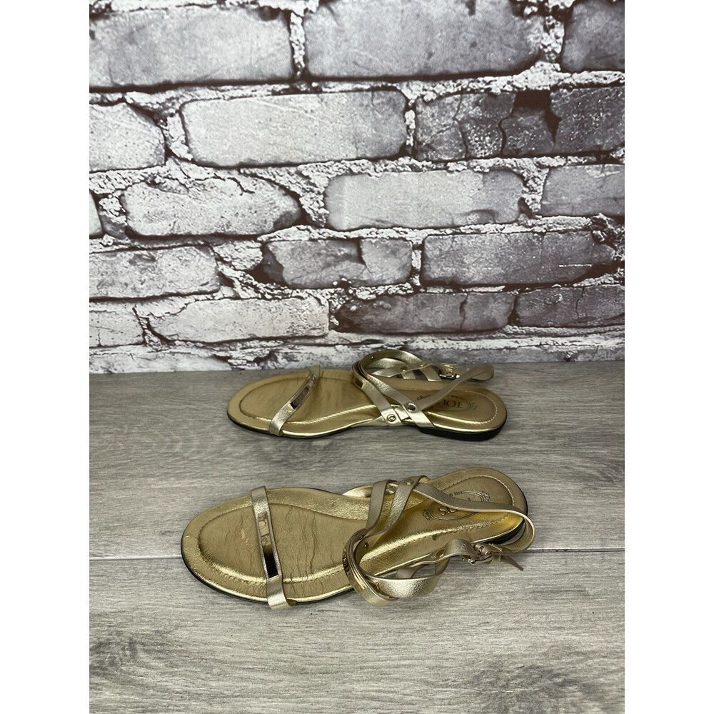 Tods Gold Leather Open Toe Ankle Strap Casual Flats Sandals Women Sz 35EU/5M US